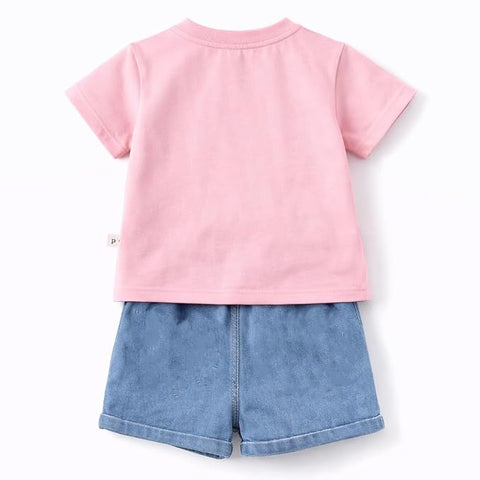Adorable Bear Sequin Patch T-shirt and Denim Shorts Set for Infant Toddler Baby Girls