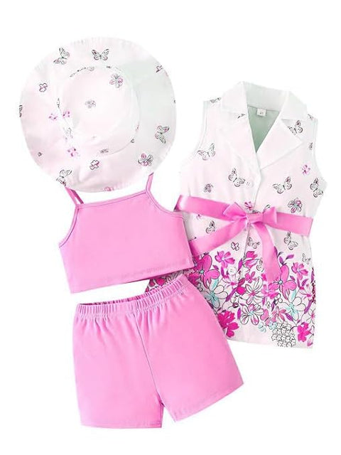 Girls Butterfly Print Girls Sleeveless Coat, Crop Top, Shorts, Sun Hat Party Set