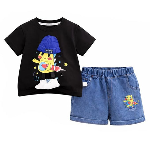 Boys Cartoon Print T-Shirt with Denim Shorts