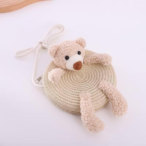 Cute Plush Bear Kids Straw Sun Hat N Sling Bag Combo for Girls 3-8 Years