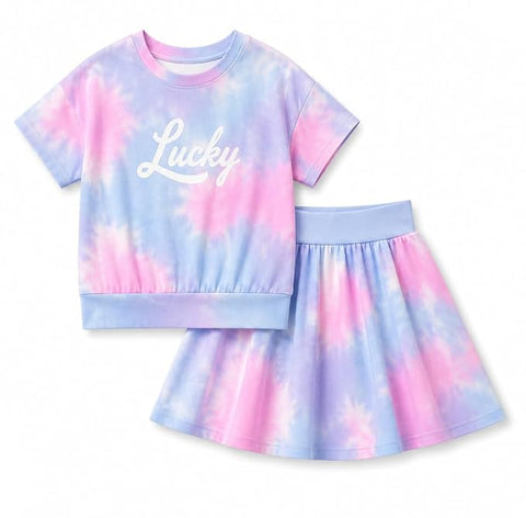 Girls Tie Dye Top with Divider Skirt Co Ord Set