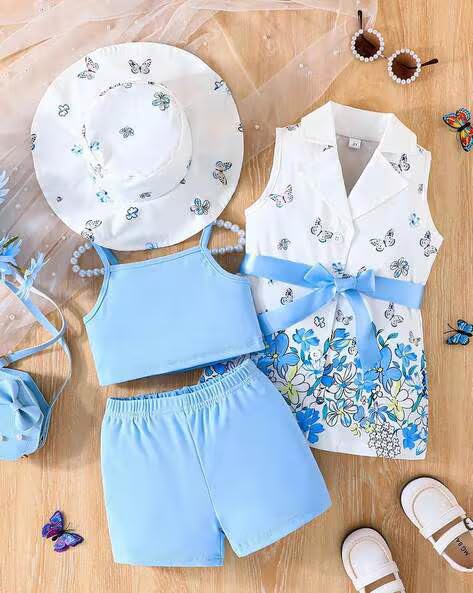Girls Butterfly Print Girls Sleeveless Coat, Crop Top, Shorts, Sun Hat Party Set