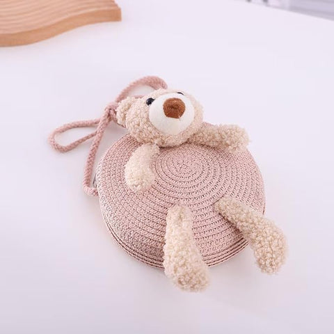 Cute Plush Bear Kids Straw Sun Hat N Sling Bag Combo for Girls 3-8 Years