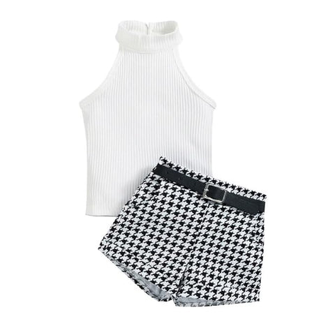 Girls Ribbed Halter Neck Top and Houndstooth Shorts with Belt Wallet Party Dress