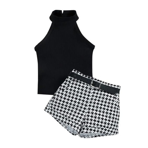 Girls Ribbed Halter Neck Top and Houndstooth Shorts with Belt Wallet Party Dress