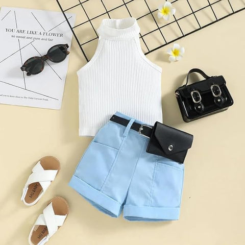 Girls Sleeveless Halter Neck Top and Contrast Shorts with Belt & Wallet, Partywear Co-ords Set
