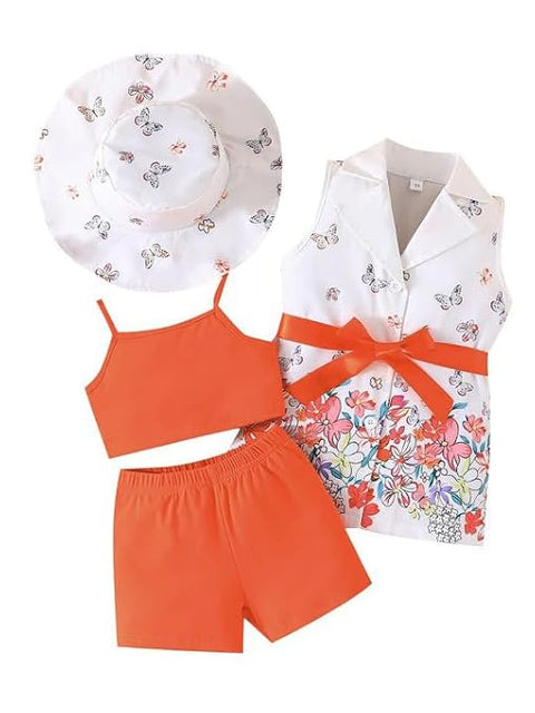 Girls Butterfly Print Girls Sleeveless Coat, Crop Top, Shorts, Sun Hat Party Set