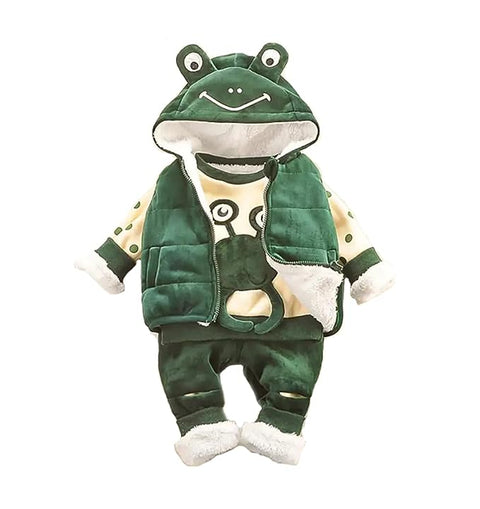 Cartoon Winter Warm Fleece T-shirt with Hooded Jacket & Joggers 3 Pc Winter Outfit for Kids