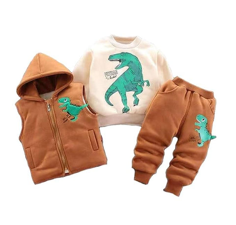 Cartoon Dinosaur Fur Fleece 3 Pc Warm Winter Sweatshirt Jacket & Jogger Pant Clothing Set for Girls & Boys Kids