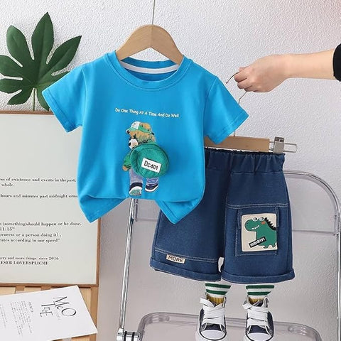 Kids Half Sleeve 3D Bear T-Shirt & Denim Short Set