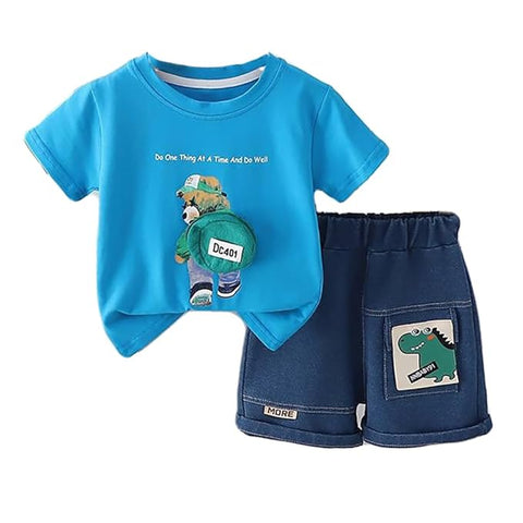Kids Half Sleeve 3D Bear T-Shirt & Denim Short Set