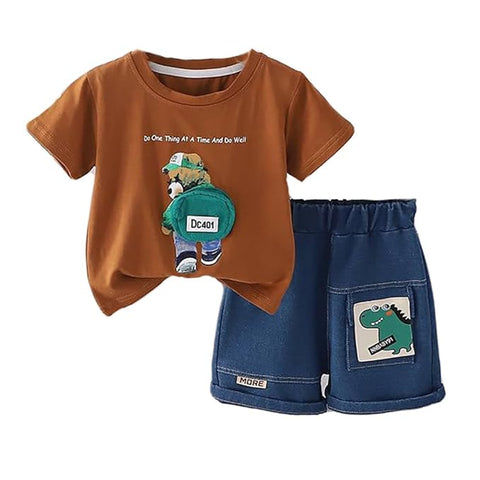 Kids Half Sleeve 3D Bear T-Shirt & Denim Short Set