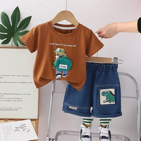 Kids Half Sleeve 3D Bear T-Shirt & Denim Short Set