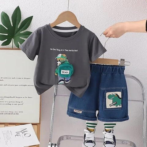 Kids Half Sleeve 3D Bear T-Shirt & Denim Short Set