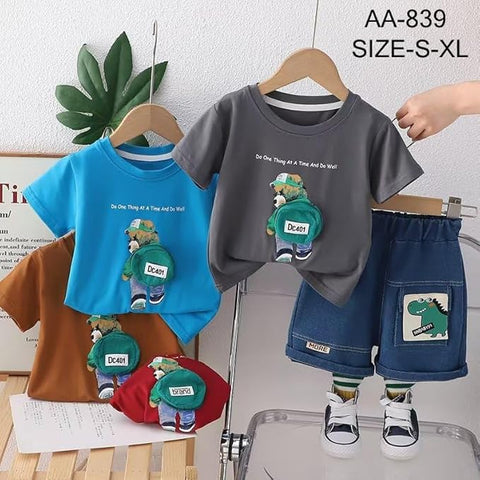 Kids Half Sleeve 3D Bear T-Shirt & Denim Short Set