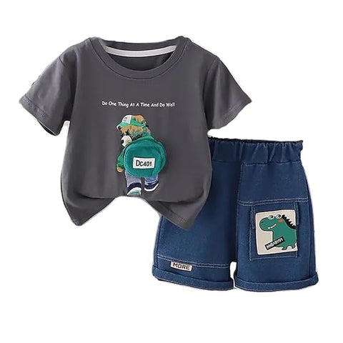 Kids Half Sleeve 3D Bear T-Shirt & Denim Short Set