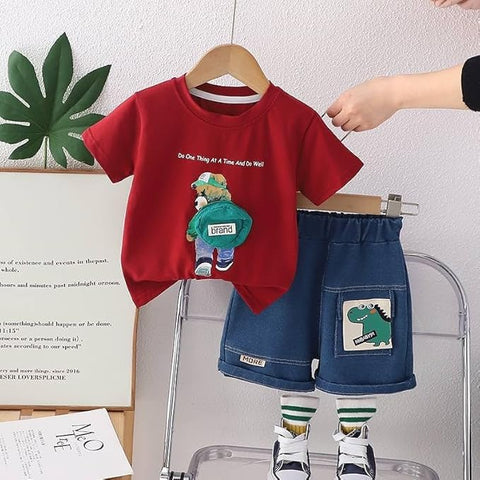 Kids Half Sleeve 3D Bear T-Shirt & Denim Short Set