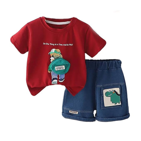 Kids Half Sleeve 3D Bear T-Shirt & Denim Short Set