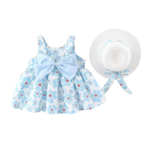 Girls Cotton Sleeveless Floral Print Frock With Sun Hat