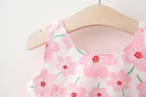 Girls Cotton Sleeveless Floral Print Frock With Sun Hat