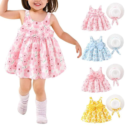 Girls Cotton Sleeveless Floral Print Frock With Sun Hat
