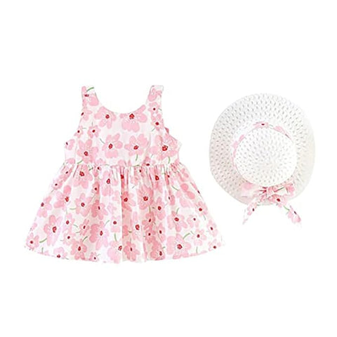 Girls Cotton Sleeveless Floral Print Frock With Sun Hat