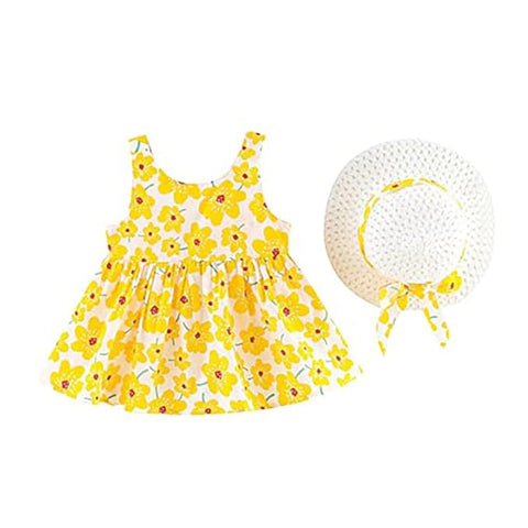 Girls Cotton Sleeveless Floral Print Frock With Sun Hat