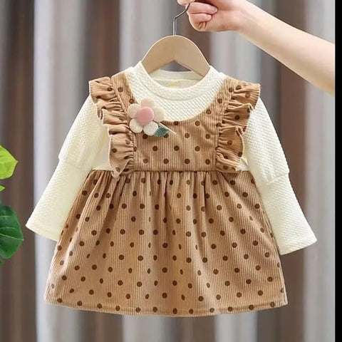 Girl's Polka Dot Corduroy Long Sleeve Pinafore Dress