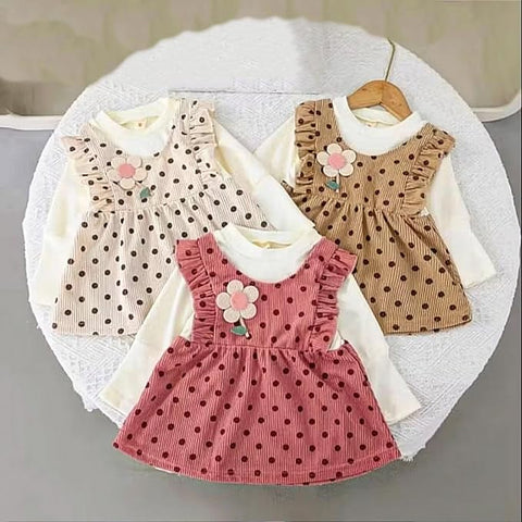 Girl's Polka Dot Corduroy Long Sleeve Pinafore Dress