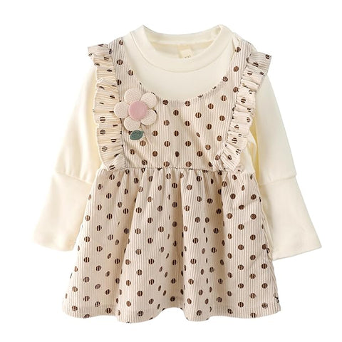 Girl's Polka Dot Corduroy Long Sleeve Pinafore Dress