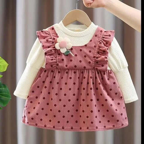 Girl's Polka Dot Corduroy Long Sleeve Pinafore Dress