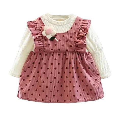 Girl's Polka Dot Corduroy Long Sleeve Pinafore Dress