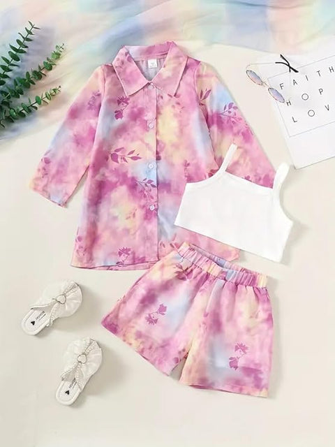Girls Floral Tie-Dye 3-Piece Summer Dress, Long Sleeve Shirt Crop Top Shorts Clothing Set