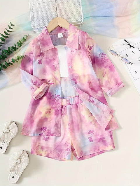 Girls Floral Tie-Dye 3-Piece Summer Dress, Long Sleeve Shirt Crop Top Shorts Clothing Set
