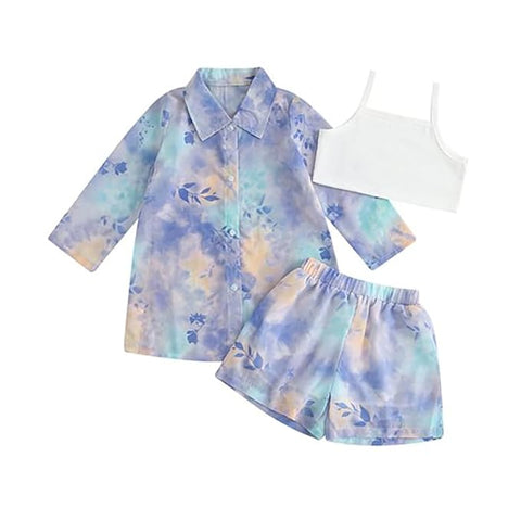 Girls Floral Tie-Dye 3-Piece Summer Dress, Long Sleeve Shirt Crop Top Shorts Clothing Set