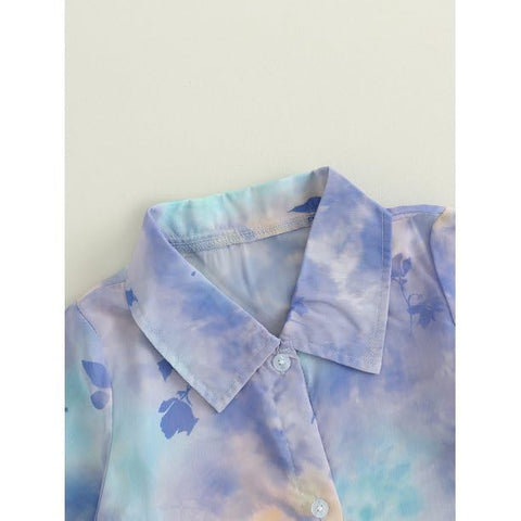 Girls Floral Tie-Dye 3-Piece Summer Dress, Long Sleeve Shirt Crop Top Shorts Clothing Set