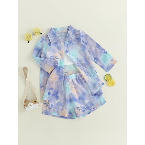 Girls Floral Tie-Dye 3-Piece Summer Dress, Long Sleeve Shirt Crop Top Shorts Clothing Set