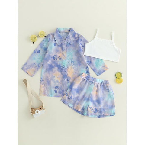 Girls Floral Tie-Dye 3-Piece Summer Dress, Long Sleeve Shirt Crop Top Shorts Clothing Set