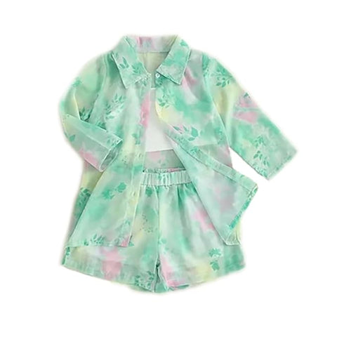 Girls Floral Tie-Dye 3-Piece Summer Dress, Long Sleeve Shirt Crop Top Shorts Clothing Set