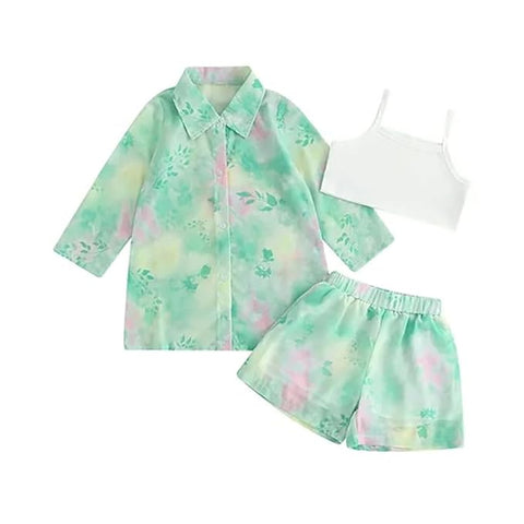 Girls Floral Tie-Dye 3-Piece Summer Dress, Long Sleeve Shirt Crop Top Shorts Clothing Set
