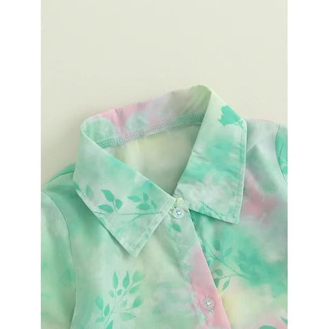Girls Floral Tie-Dye 3-Piece Summer Dress, Long Sleeve Shirt Crop Top Shorts Clothing Set