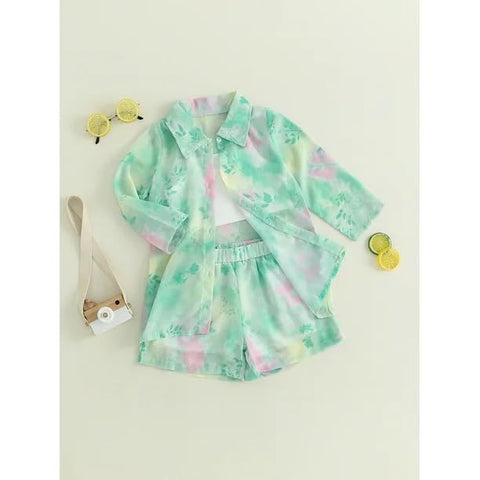 Girls Floral Tie-Dye 3-Piece Summer Dress, Long Sleeve Shirt Crop Top Shorts Clothing Set