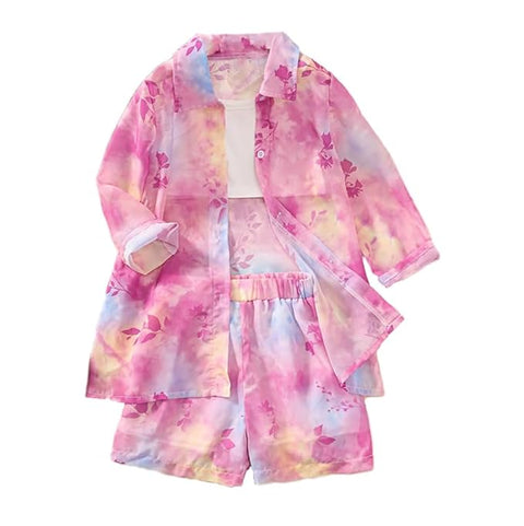 Girls Floral Tie-Dye 3-Piece Summer Dress, Long Sleeve Shirt Crop Top Shorts Clothing Set