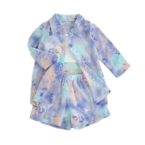 Girls Floral Tie-Dye 3-Piece Summer Dress, Long Sleeve Shirt Crop Top Shorts Clothing Set