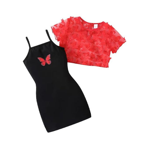 Girls Cotton Knit 2 Piece Butterfly Print Spaghetti Strap Dress with Matching Shrug Top