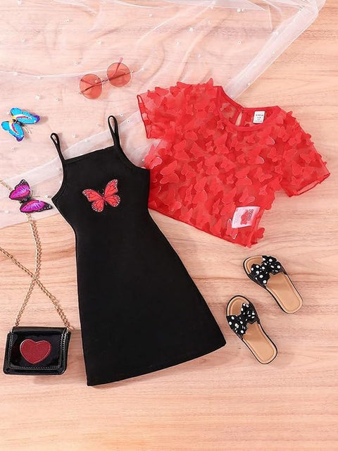 Girls Cotton Knit 2 Piece Butterfly Print Spaghetti Strap Dress with Matching Shrug Top