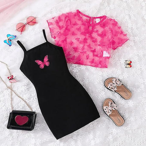 Girls Cotton Knit 2 Piece Butterfly Print Spaghetti Strap Dress with Matching Shrug Top