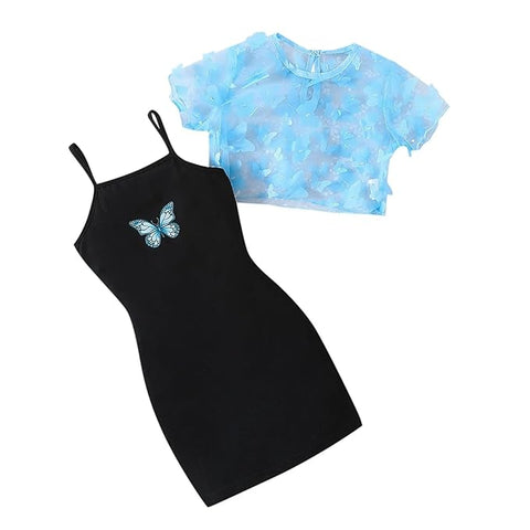 Girls Cotton Knit 2 Piece Butterfly Print Spaghetti Strap Dress with Matching Shrug Top