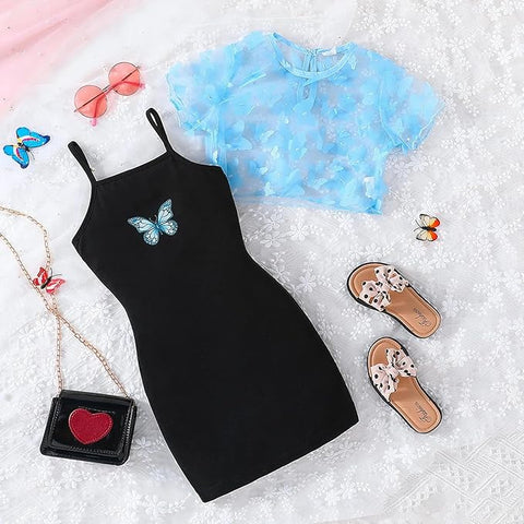 Girls Cotton Knit 2 Piece Butterfly Print Spaghetti Strap Dress with Matching Shrug Top
