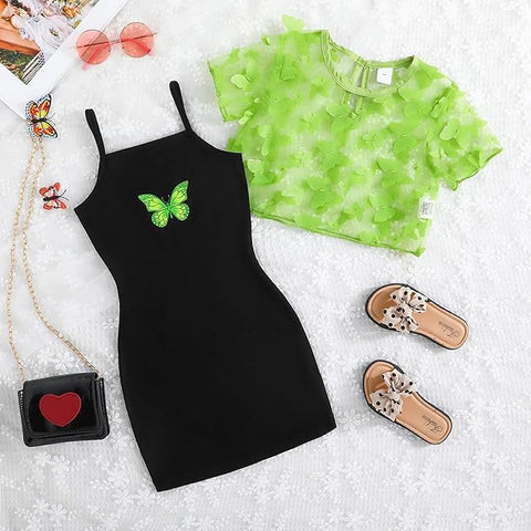 Girls Cotton Knit 2 Piece Butterfly Print Spaghetti Strap Dress with Matching Shrug Top